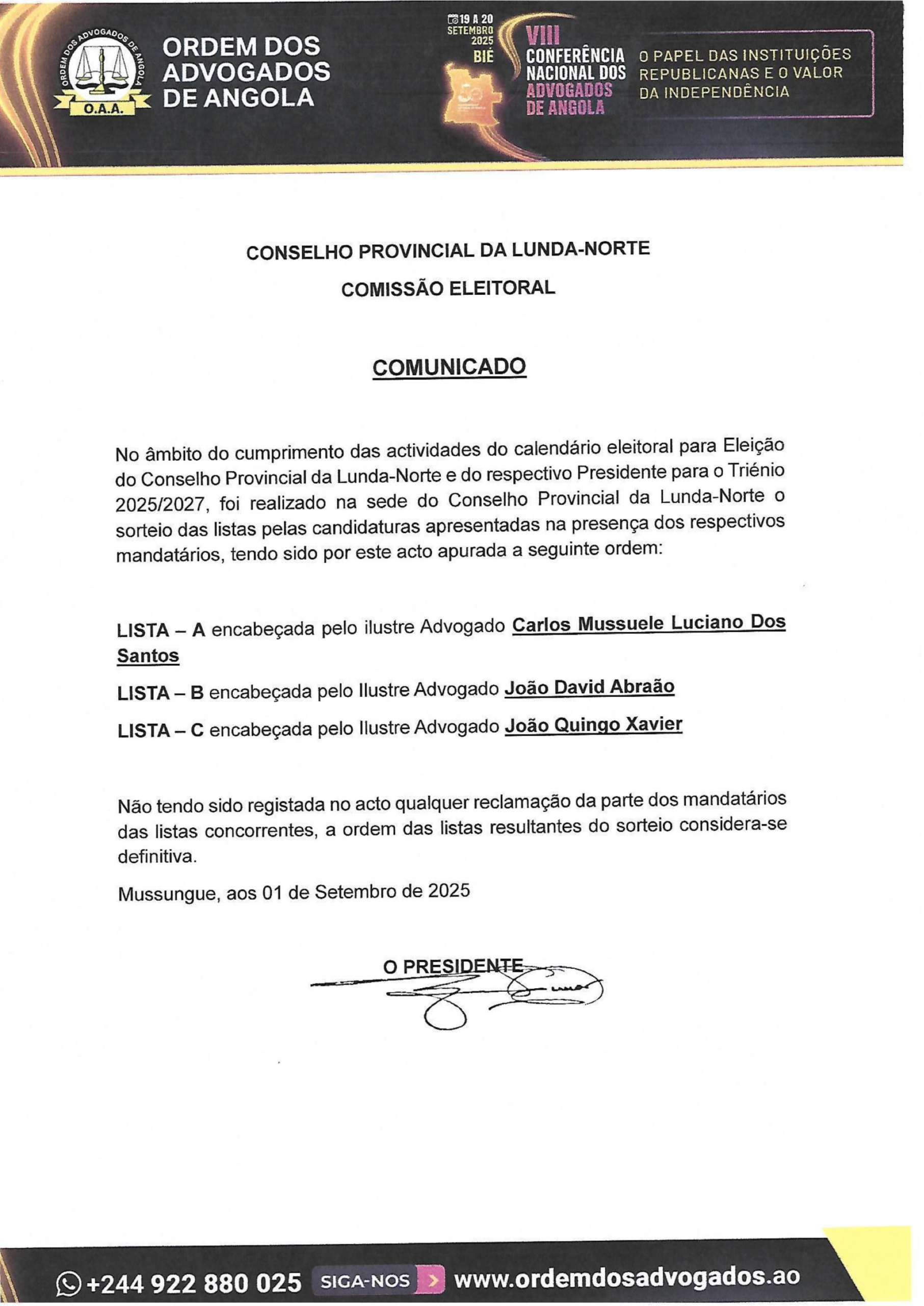 LISTAS ADMITIDAS À ELEIÇAO DO CONSELHO PROVINCIAL DA LUNDA NORTE