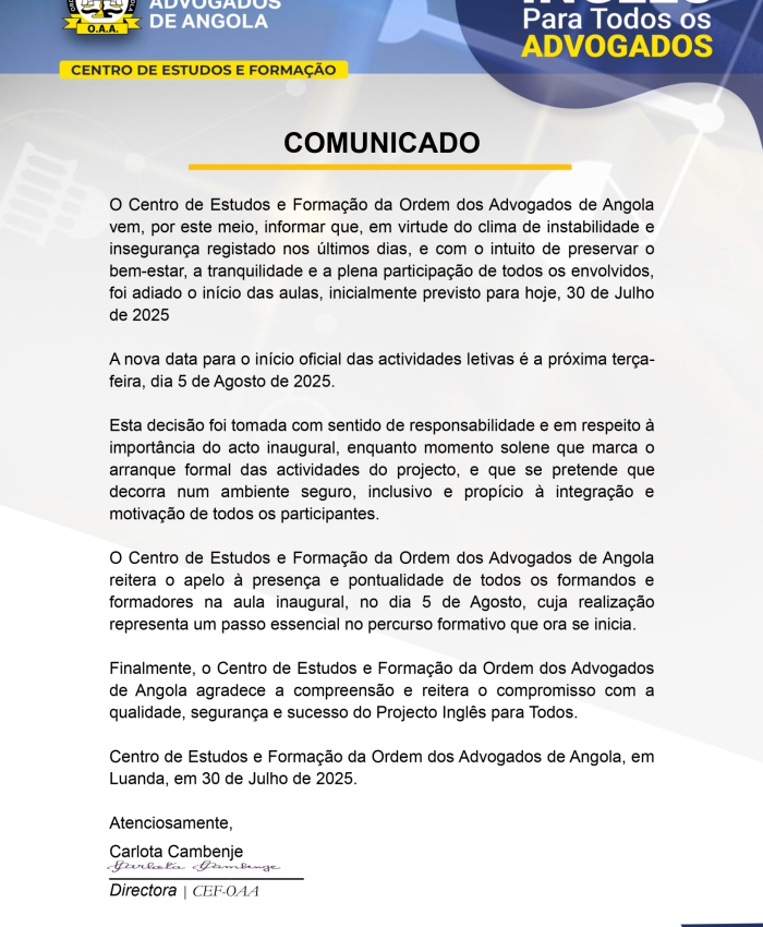 ADIADO O INÍCIO DAS AULAS – INGLÊS PARA TODOS
