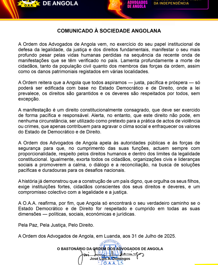 COMUNICADO À SOCIEDADE ANGOLANA