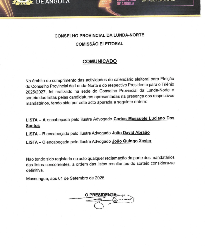 LISTAS ADMITIDAS À ELEIÇAO DO CONSELHO PROVINCIAL DA LUNDA NORTE