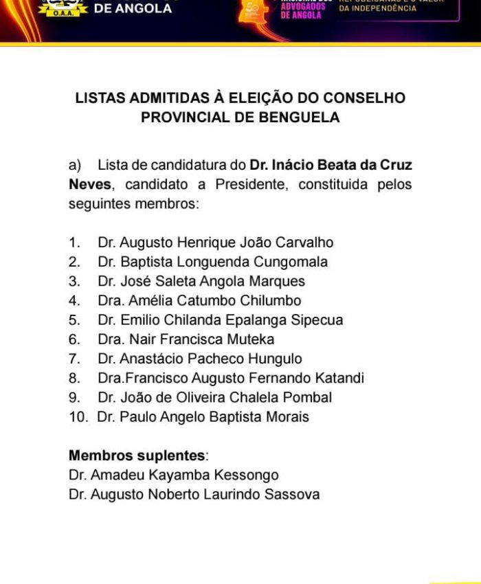 LISTAS ADMITIDAS À ELEIÇÃO DO CONSELHO PROVINCIAL DE BENGUELA