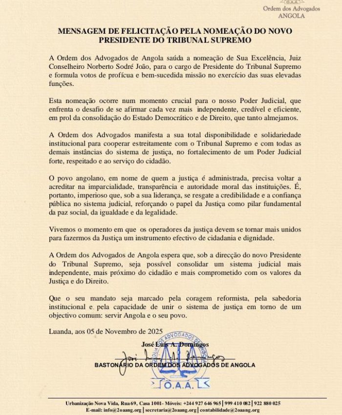 MENSAGEM DE FELICITAÇÃO PELA NOMEAÇÃO DO NOVO PRESIDENTE DO TRIBUNAL SUPREMO