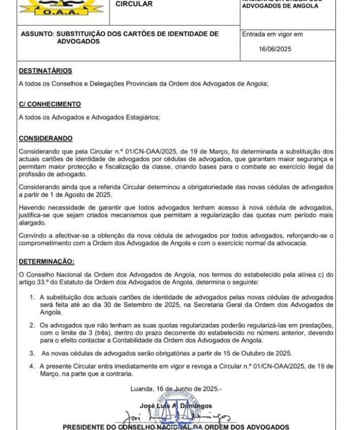 REPUBLICAÇÃO DA CIRCULAR N.°03/CN-OAA/2025, DE 16 DE JUNHO