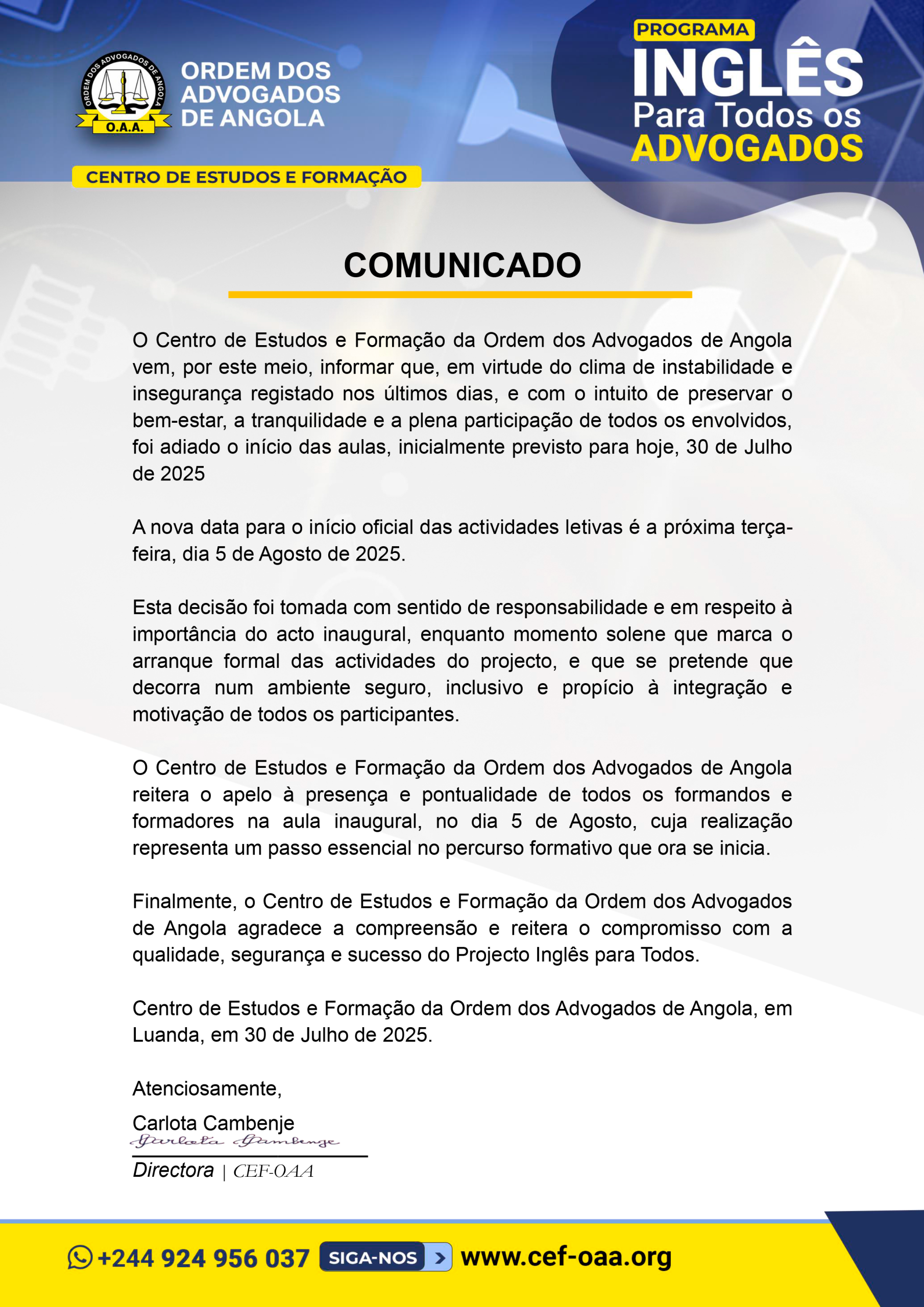 ADIADO O INÍCIO DAS AULAS – INGLÊS PARA TODOS