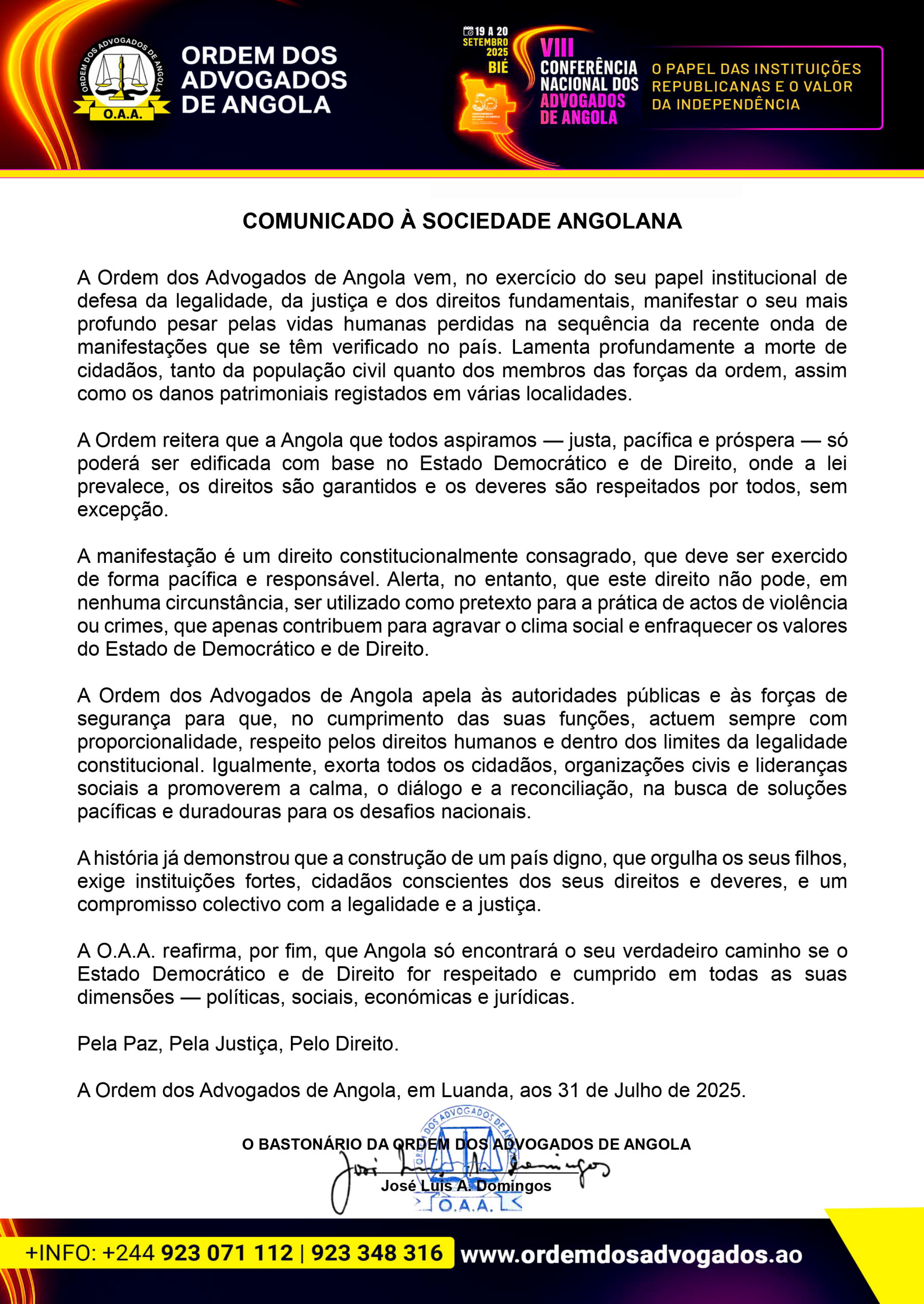 COMUNICADO À SOCIEDADE ANGOLANA
