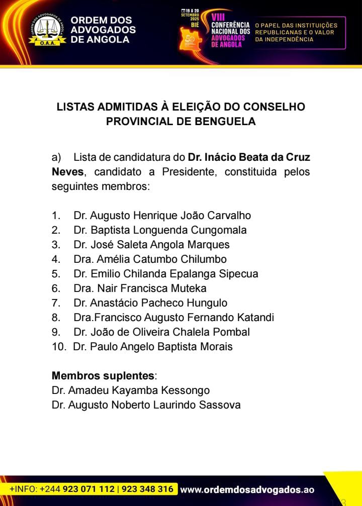 LISTAS ADMITIDAS À ELEIÇÃO DO CONSELHO PROVINCIAL DE BENGUELA