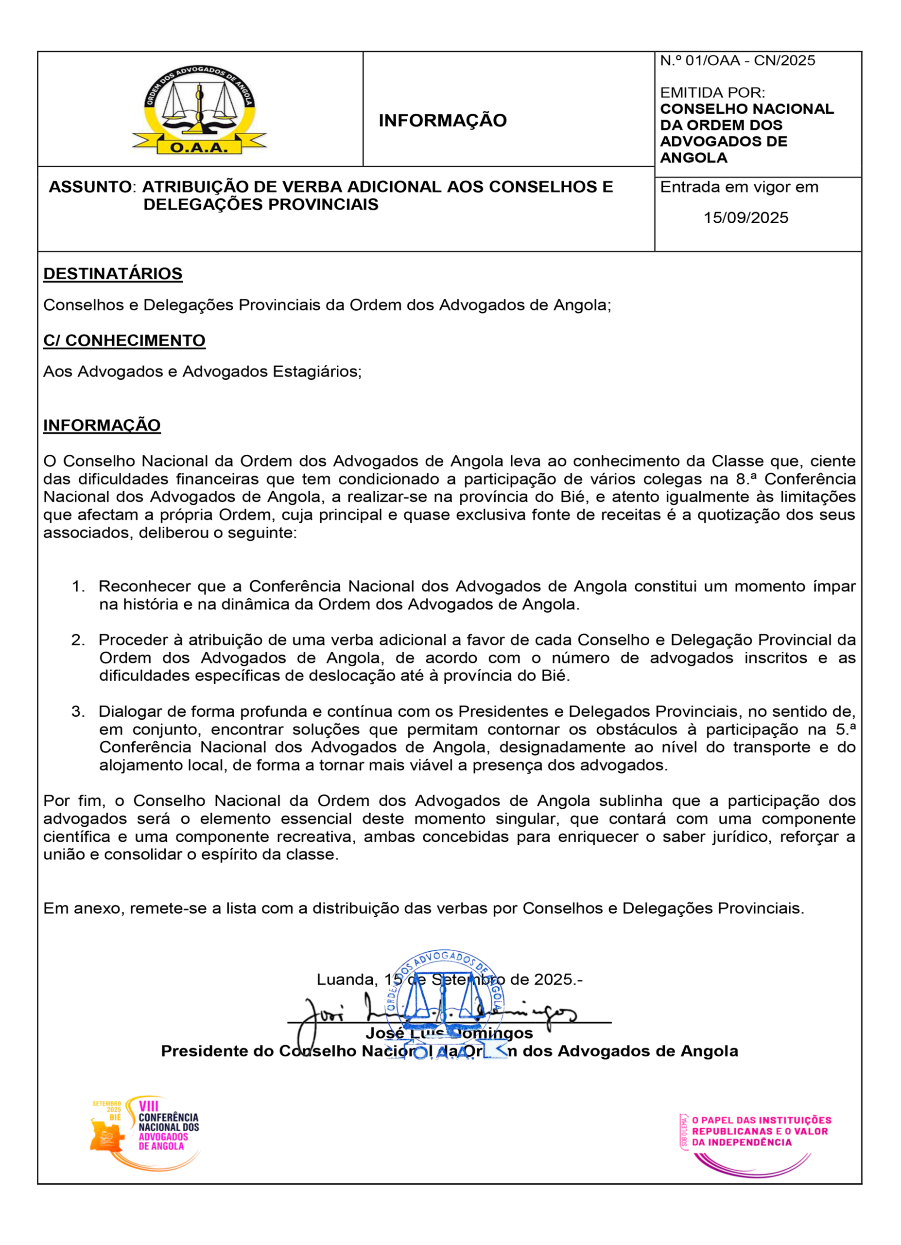 INFORMAÇÃO---ATRIBUIÇÃO DE VERBAS-- ---2025.--1