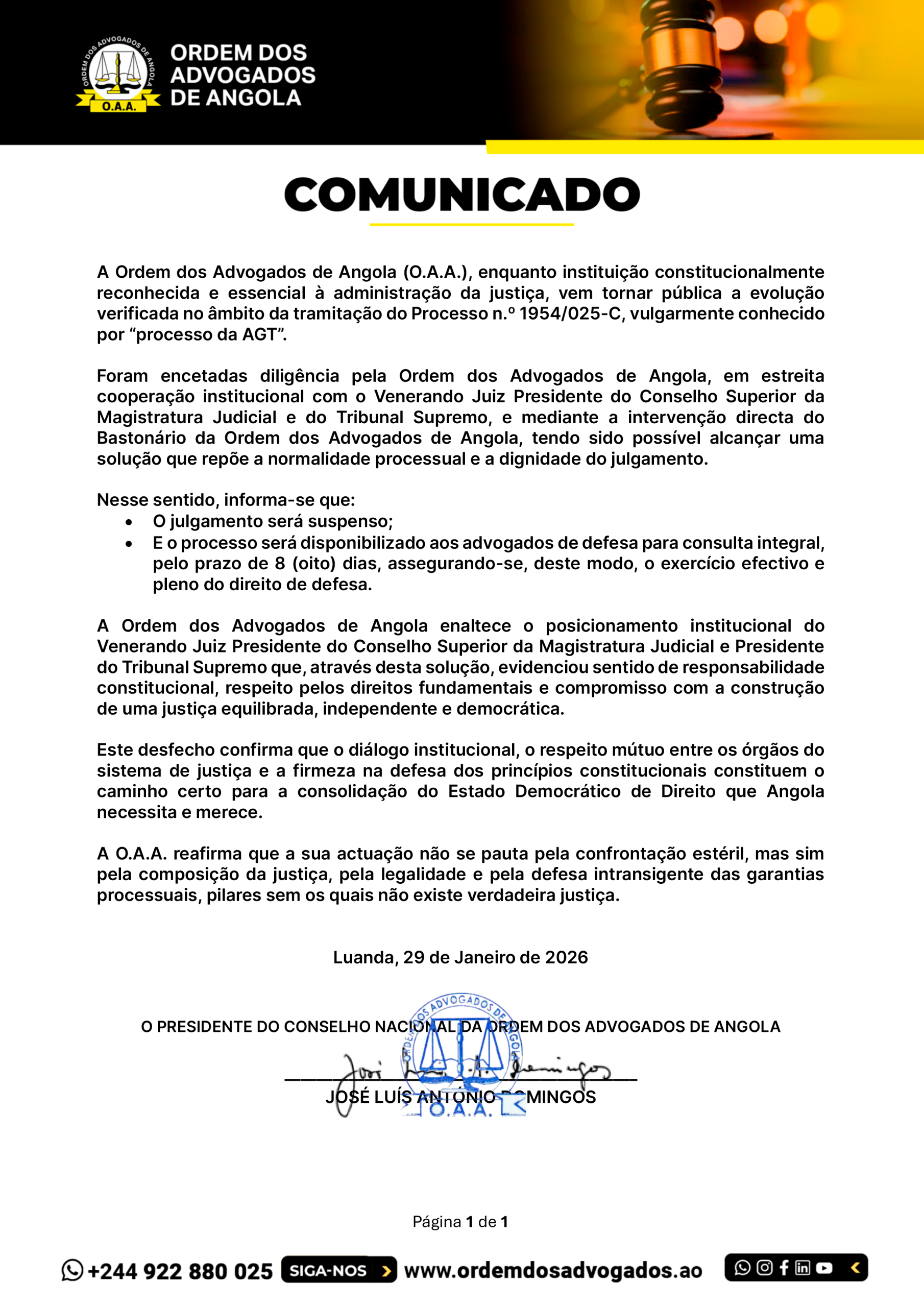 COMUNICADO – Processo n.º 1954/025-C