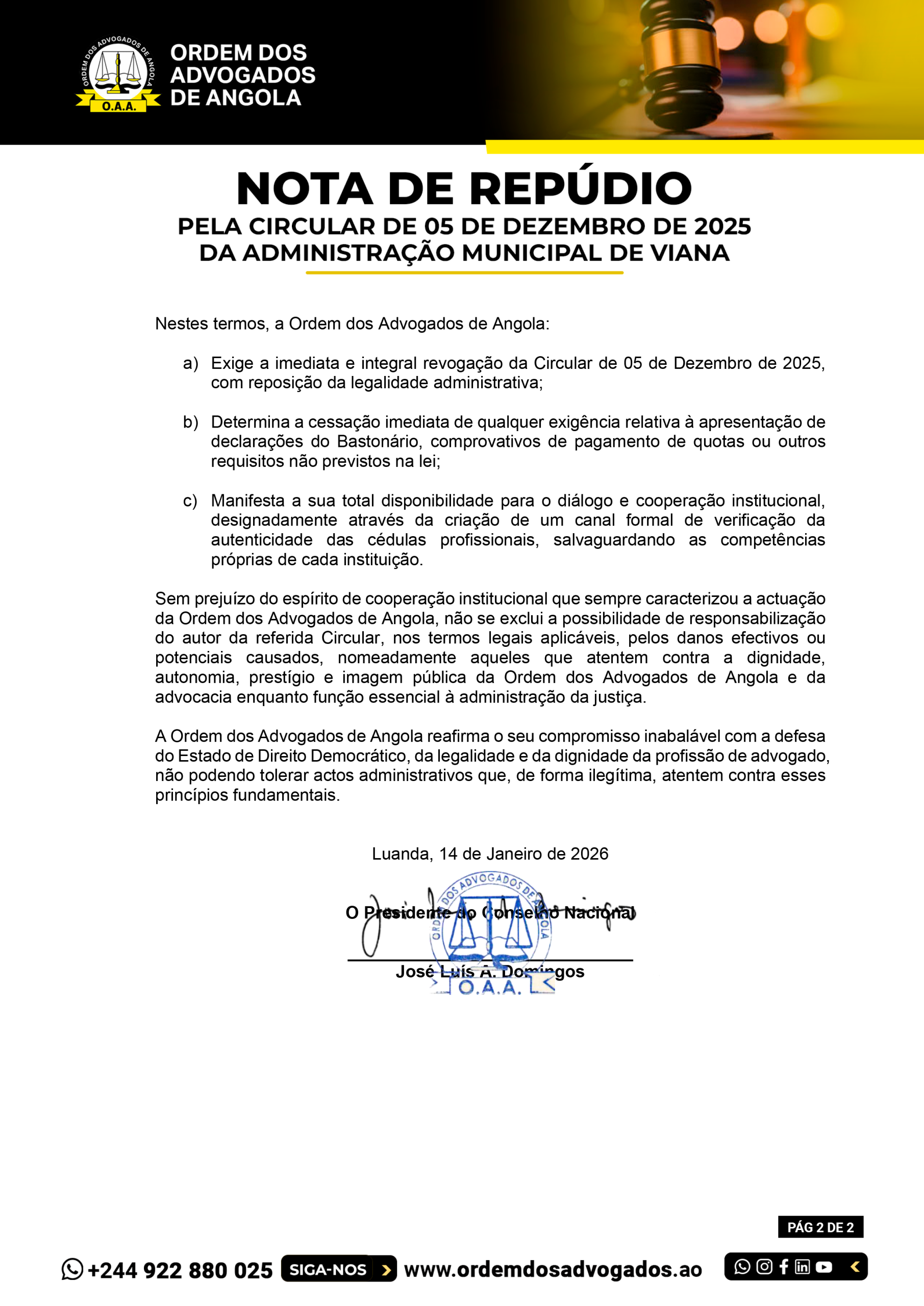 NOTA DE REPÚDIO DA ORDEM DOS ADVOGADOS DE ANGOLA---2026.--2