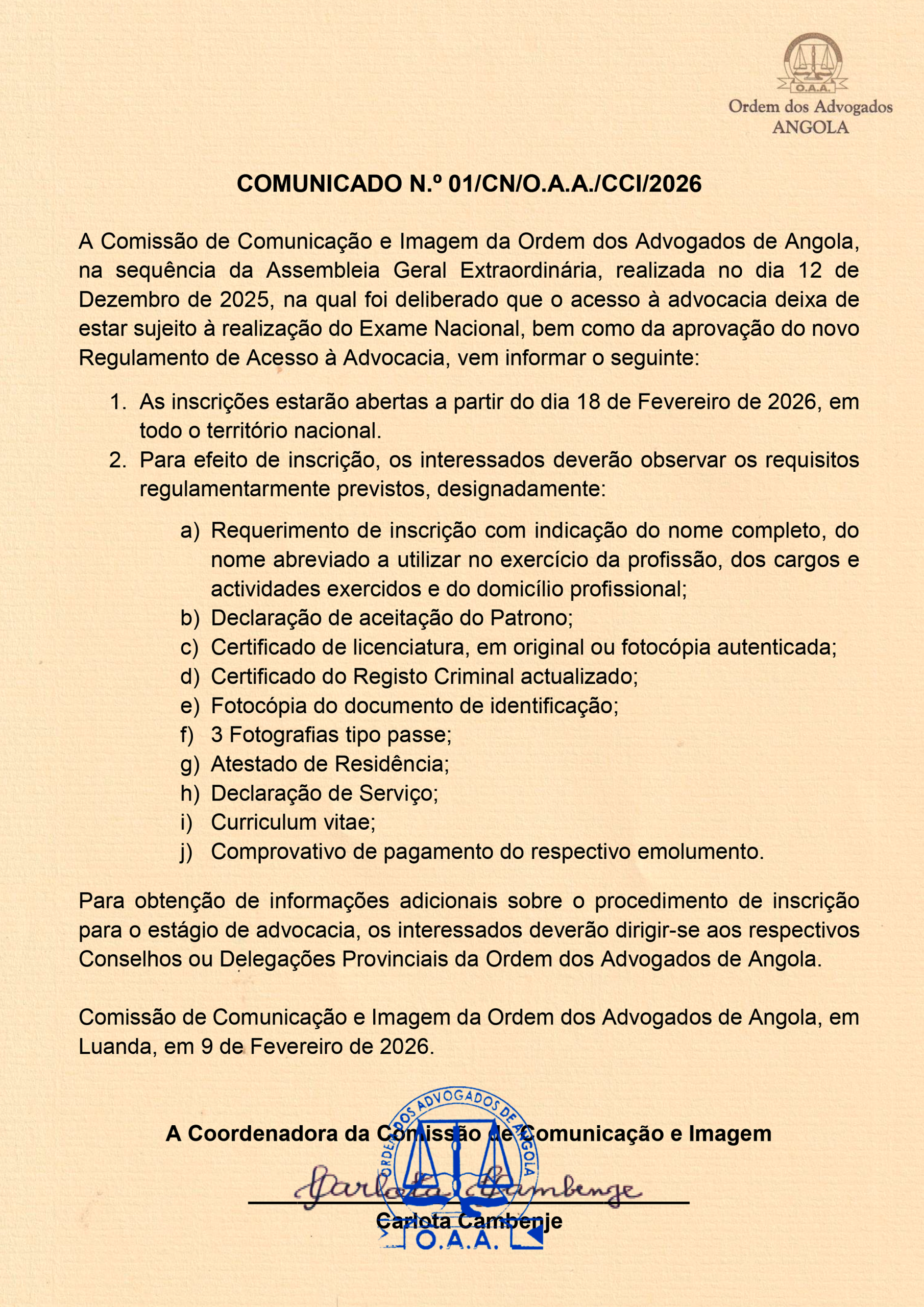 COMUNICADO N.º01/CN/O.A.A./CI/2026