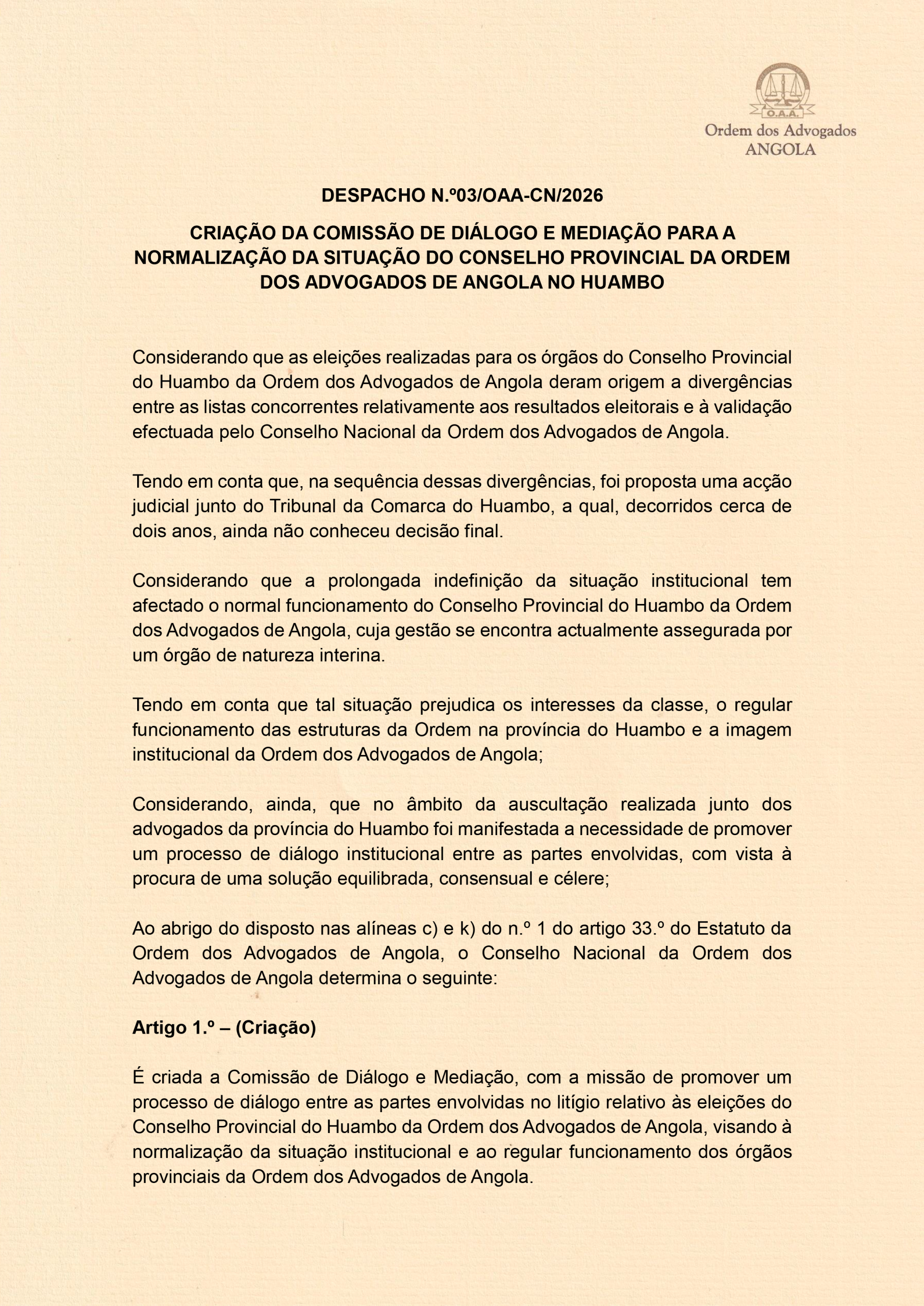 DESPACHO - CRIAÇÃO DE COMISSÃO DE DIÁLOGO E MEDIAÇÃO---2026.--1