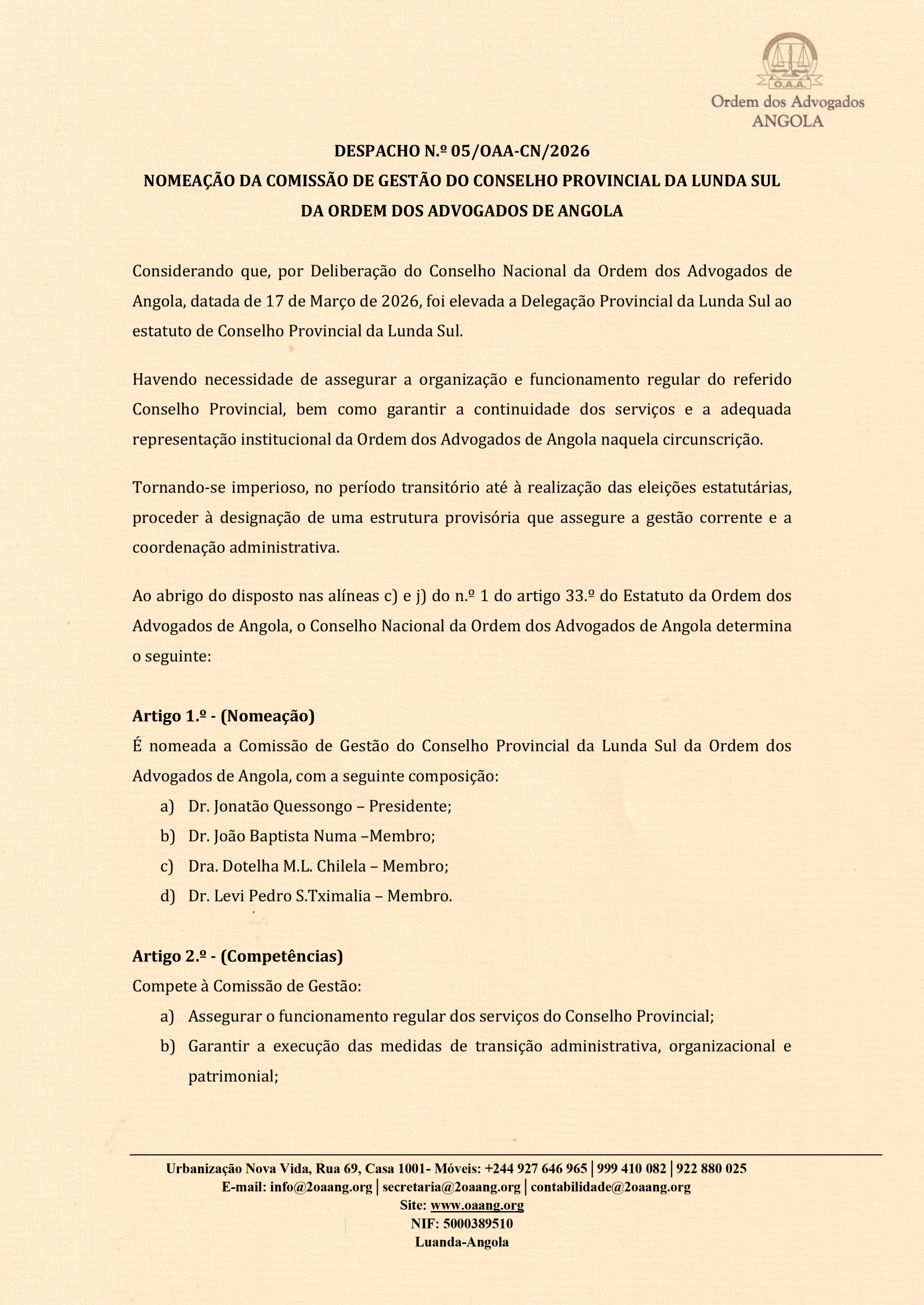 DESPACHO DE NOMEAÇÃO DA COMISSÃO DE GESTÃO DO C.P DA LUNDA SUL---2026.--1