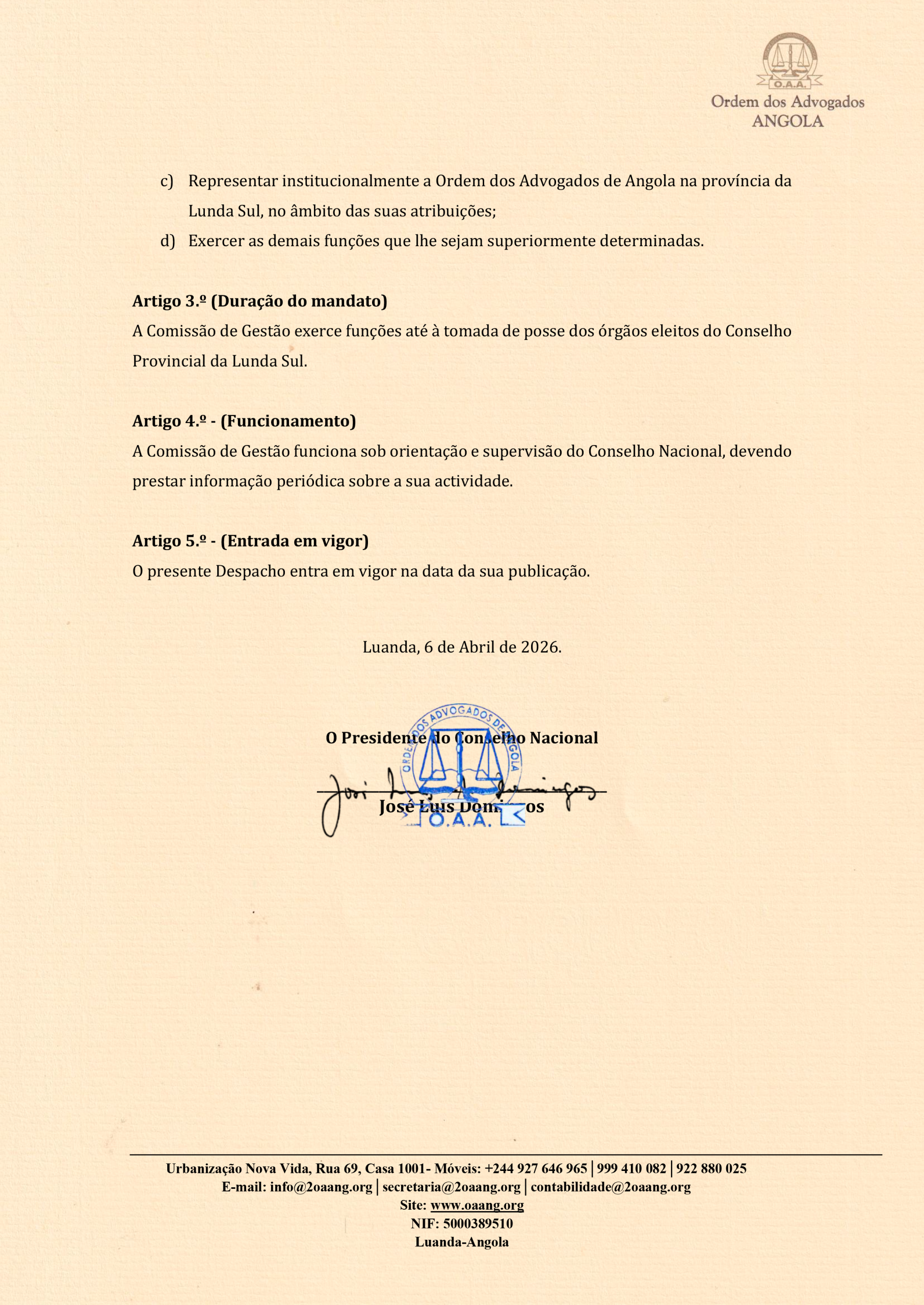 DESPACHO DE NOMEAÇÃO DA COMISSÃO DE GESTÃO DO C.P DA LUNDA SUL---2026.--2