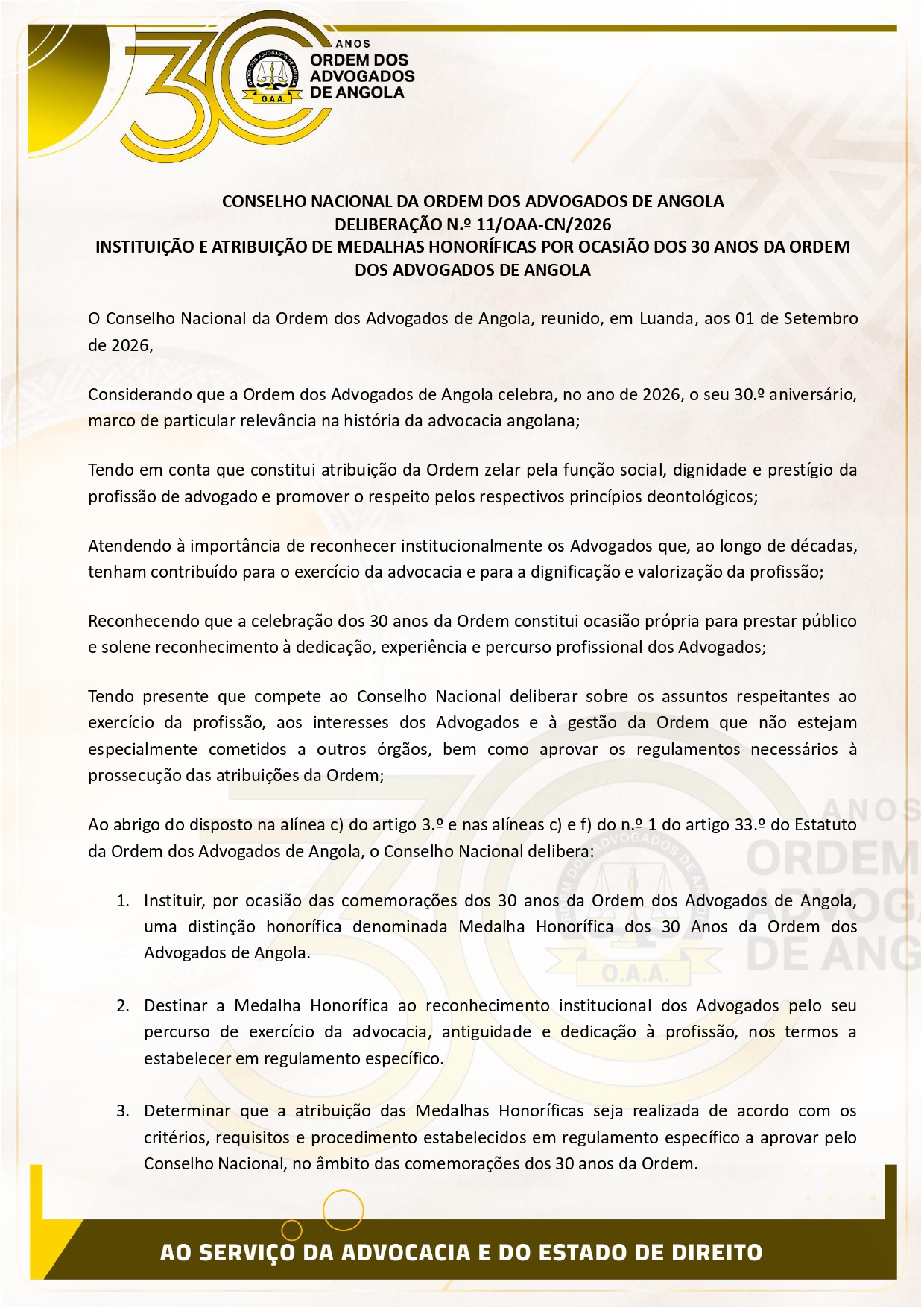 01 DELIBERAÇÃO nº11 CN2026 e REGULAMENTO SOBRE A MEDALHA HONORÍFICA POR OCASIÃO DOS 30 ANOS DA ORDEM DOS ADVOGADOS DE ANGOLA_page-0001
