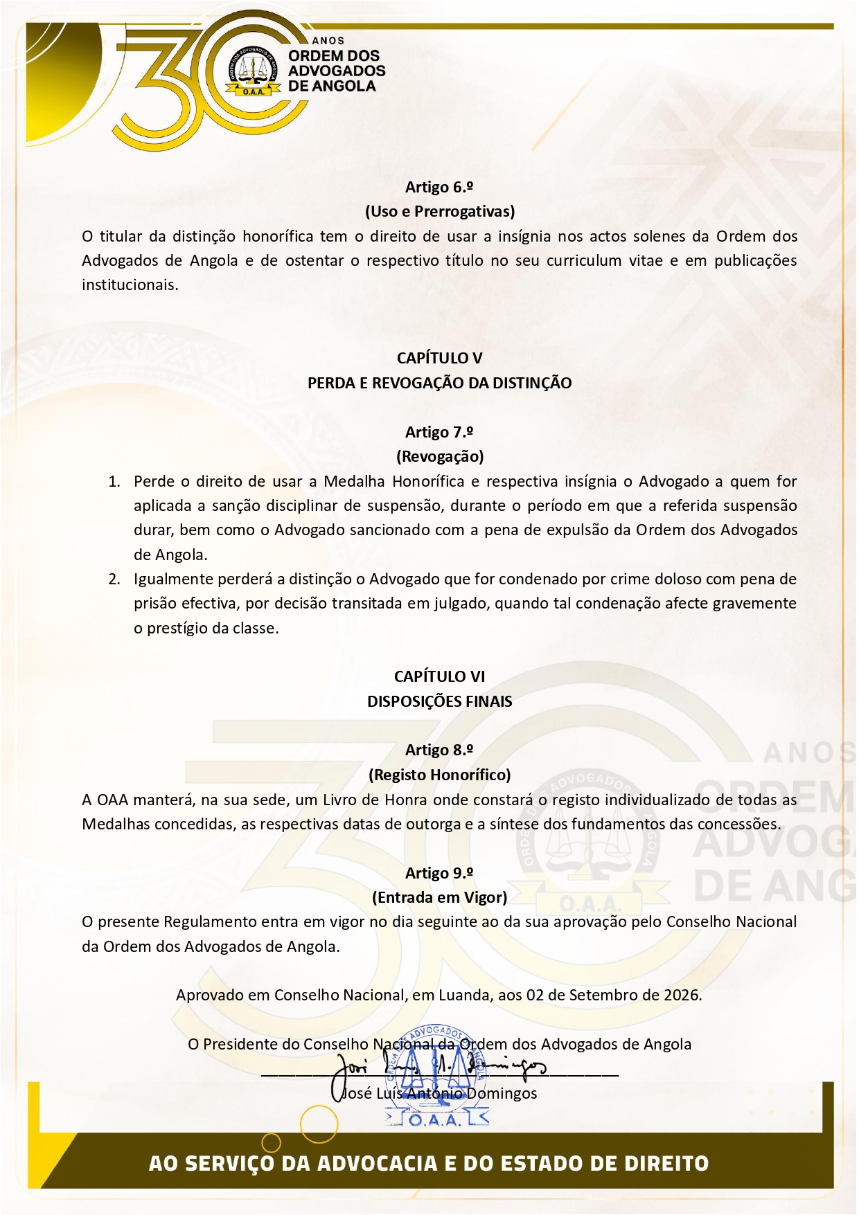 05 DELIBERAÇÃO nº11 CN2026 e REGULAMENTO SOBRE A MEDALHA HONORÍFICA POR OCASIÃO DOS 30 ANOS DA ORDEM DOS ADVOGADOS DE ANGOLA_page-0005